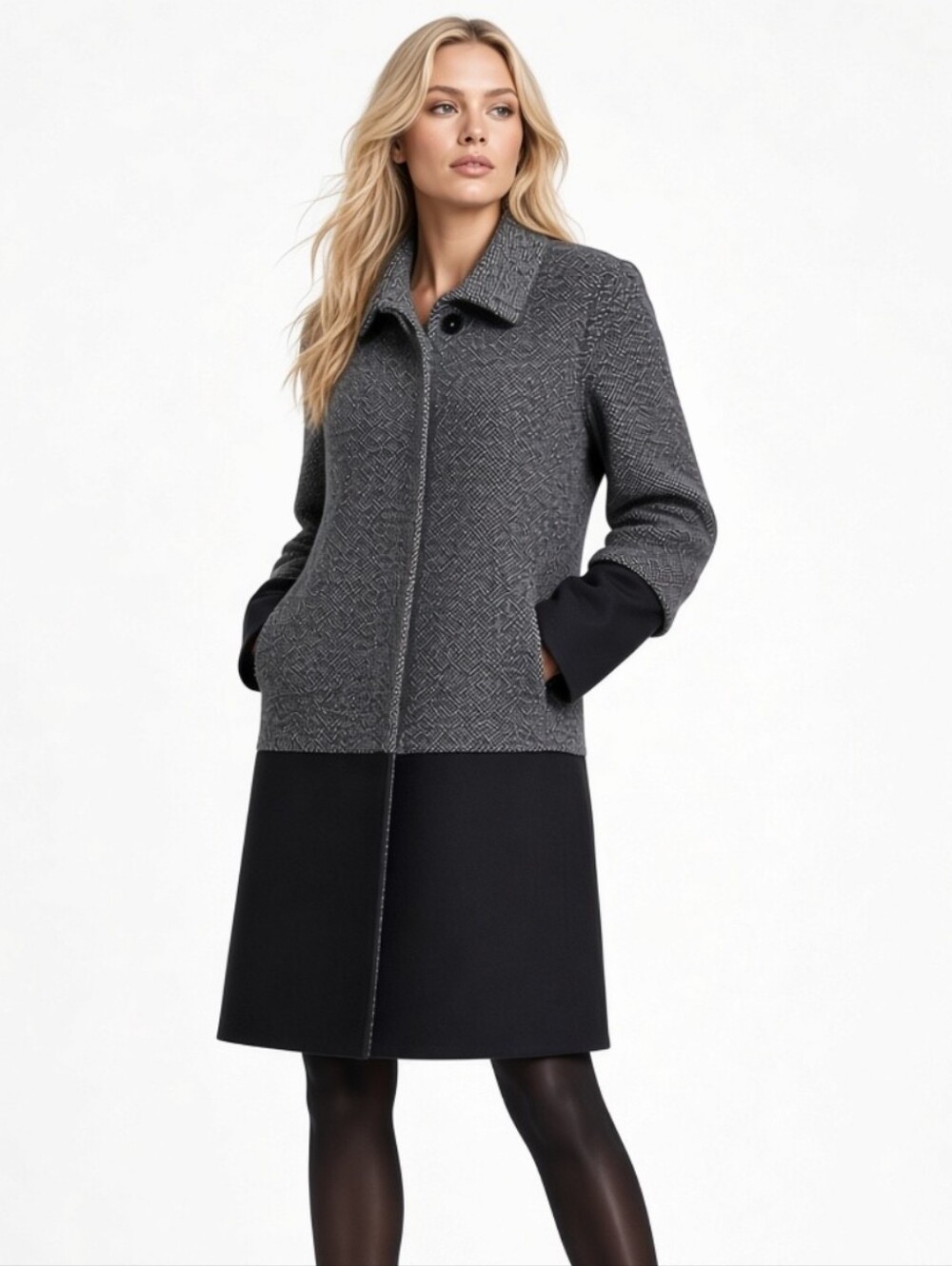 Nine West Women Two-Tone Tiered Gray Herringbone &Black Button Up Overcoat (12)